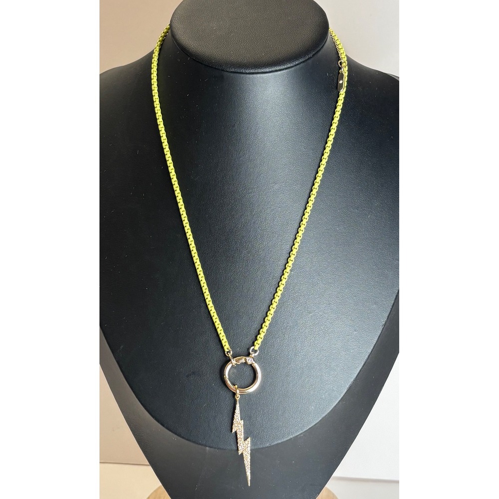 Stella & Dot Lime Green Neon Enamel Lightning Bolt Pendant Necklace 21" Gold